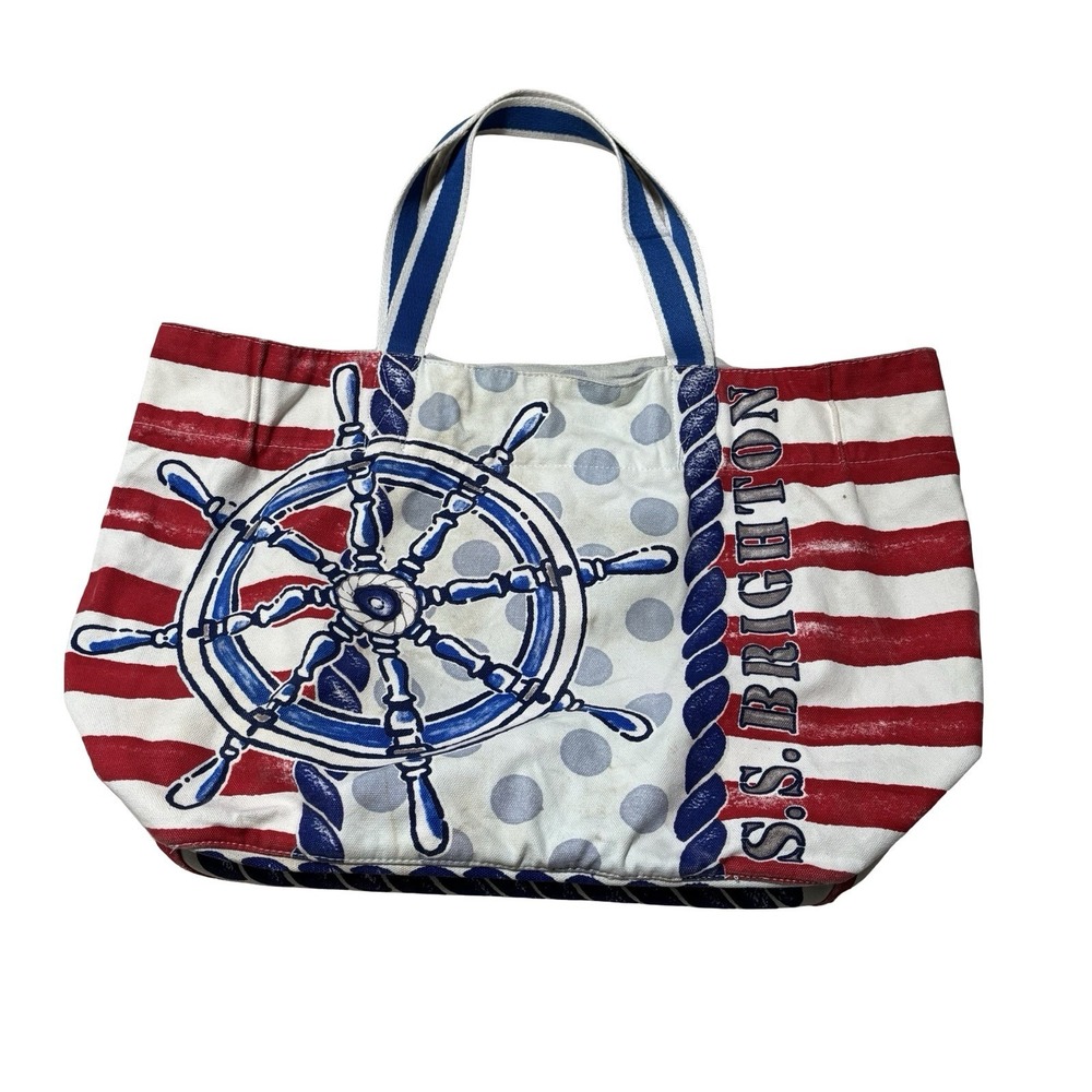 Brighton Nautical USA Patriotic Canvas Shopper Tote Beach Bag Approx 21x12x7.5 - Picture 2 of 8